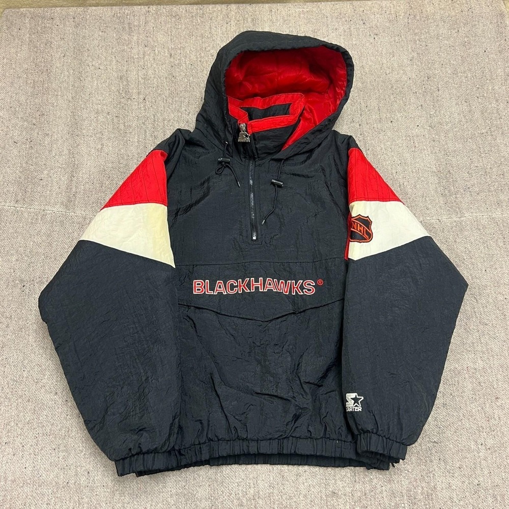 Vintage Chicago Blackhawks Jacket Mens Medium Black 1990s Starter Pullover